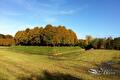 Herfstbomen achter grasveld en wal onder blauwe lucht