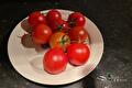 Wit bord met rode tomaten van verschillende grootte