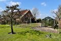 Zonnige tuin met fruitbomen, tuinkas en de boerderij